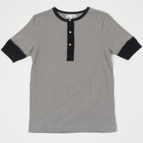 Merz b. Schwanen 227 Short Sleeve Striped Henley - Charcoal/Nature