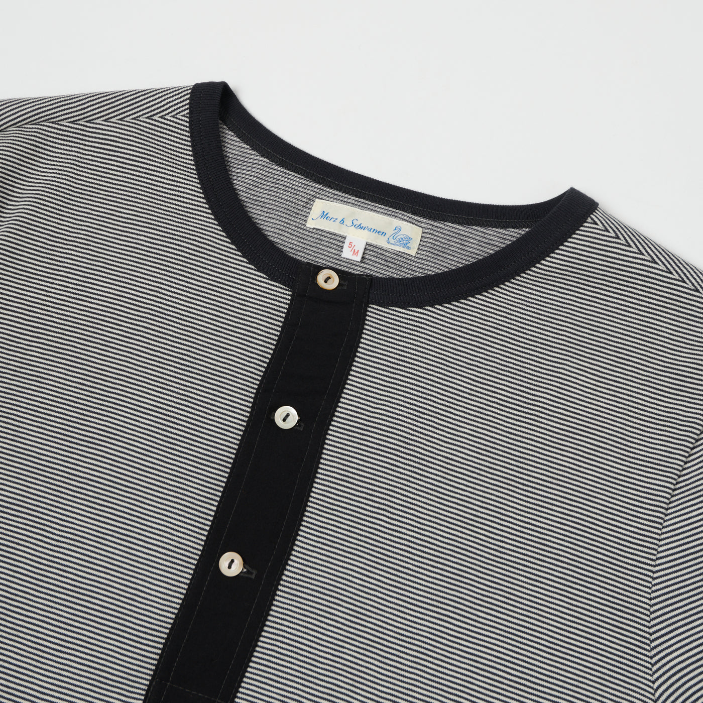 Merz b. Schwanen 227 Short Sleeve Striped Henley - Charcoal/Nature