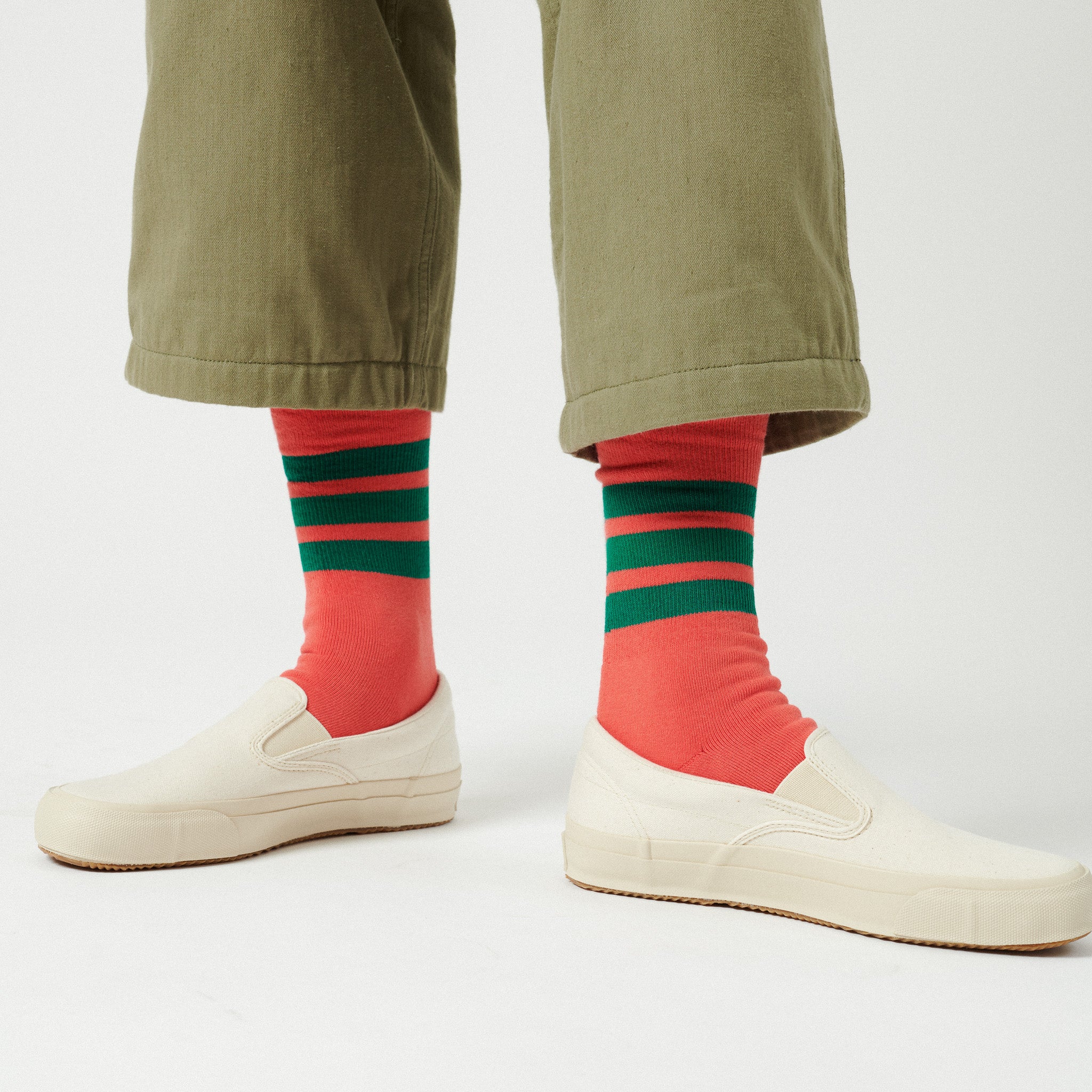 RoToTo Fine Pile Striped Crew Sock - Poppy/Green
