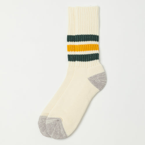 RoToTo Coarse Ribbed Oldschool Crew Sock - Dark Green/Yellow