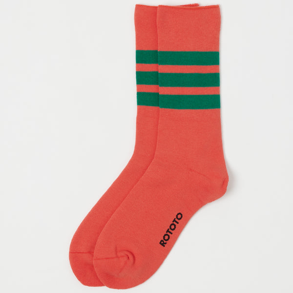 RoToTo Fine Pile Striped Crew Socks - Poppy/Green