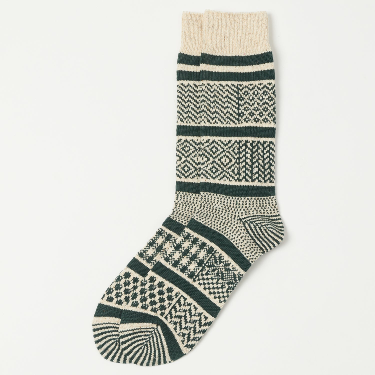 RoToTo Multi Jacquard Sock - Ivory/Dark Green