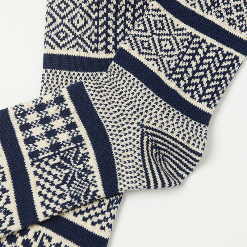 RoToTo Multi Jacquard Sock - Ivory/Navy