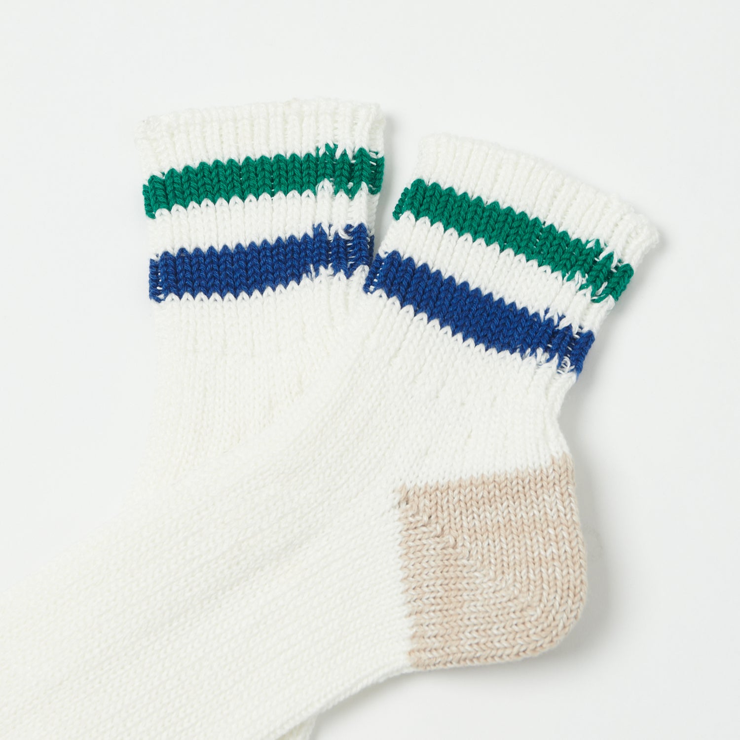 RoToTo Oldschool Ribbed Ankle Sock - White/Green/Dark Blue
