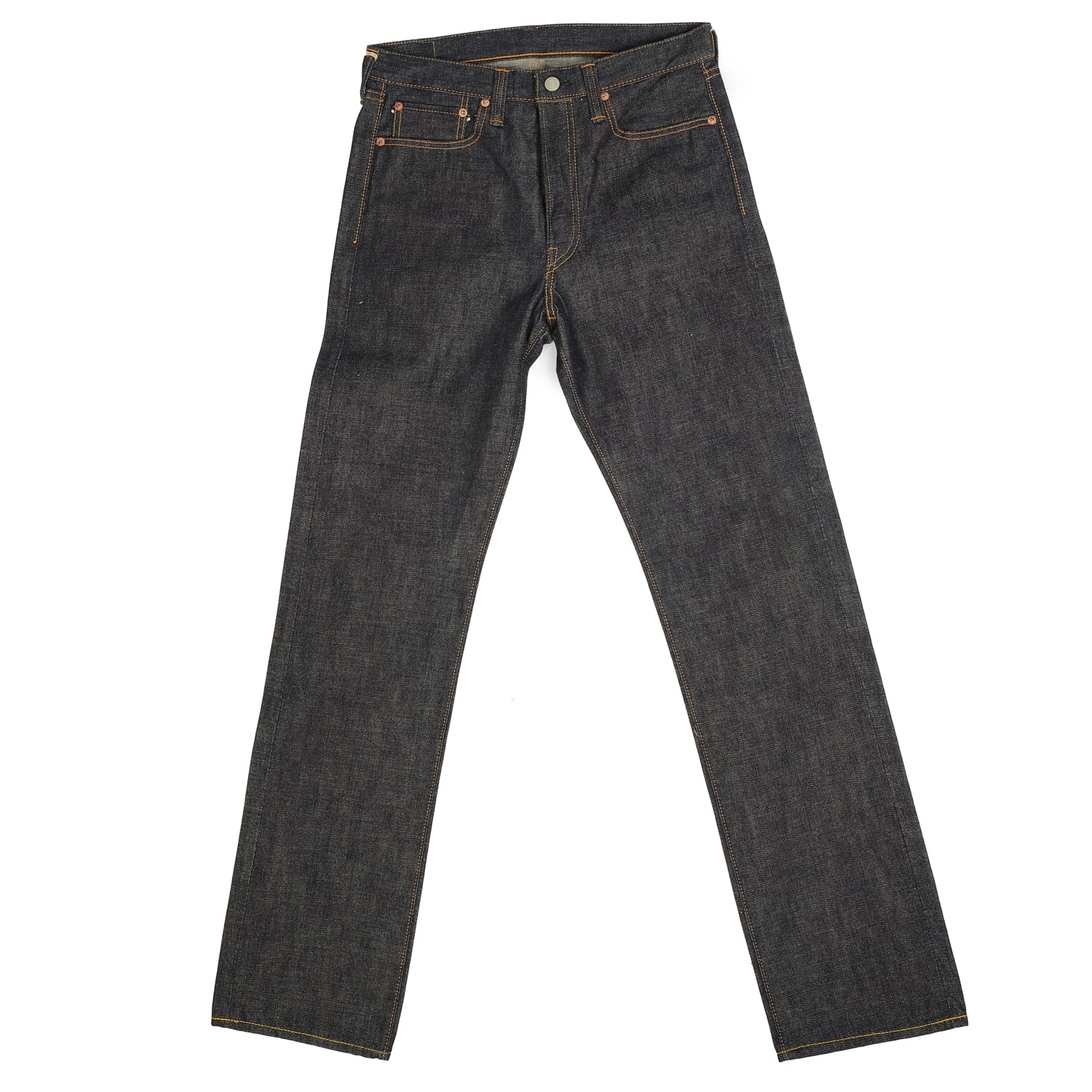 A pair of raw selvedge jeans shown flat from the front.