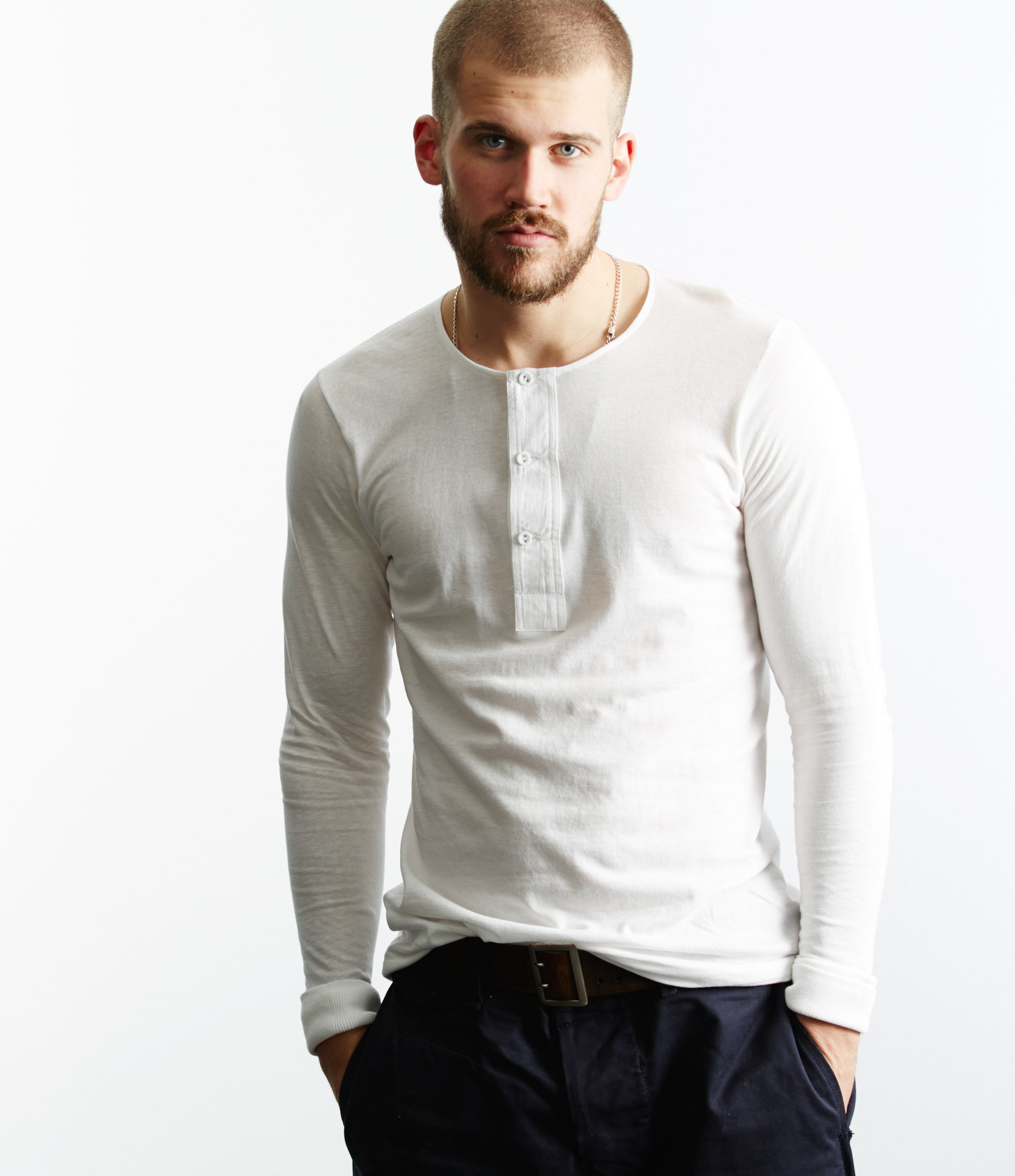 Merz b. Schwanen 102 Lightweight Long Sleeve Henley - White